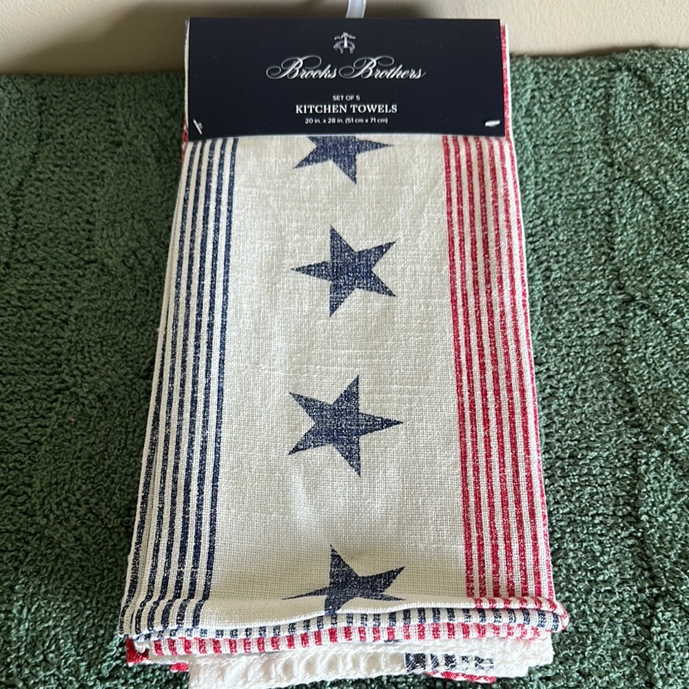 Brooks Brothers Kitchen Towels Patriotic Red  Blue Star Set of 5 NEW!